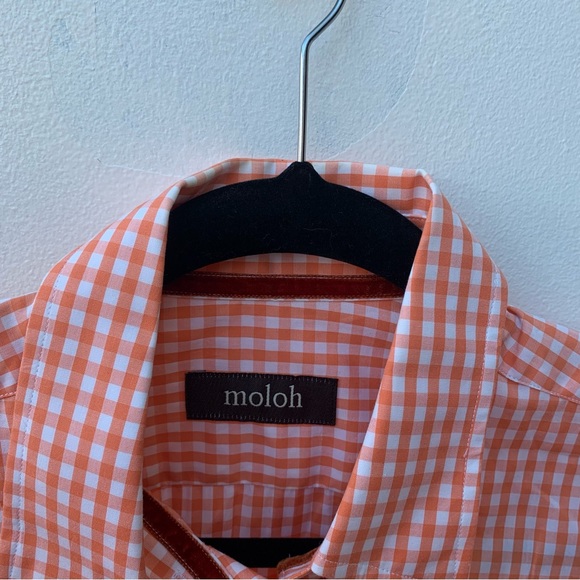 Moloh Ladies Size 2 Gingham Cotton Button Down Shirt Orange White Velvet Trim - Picture 2 of 8